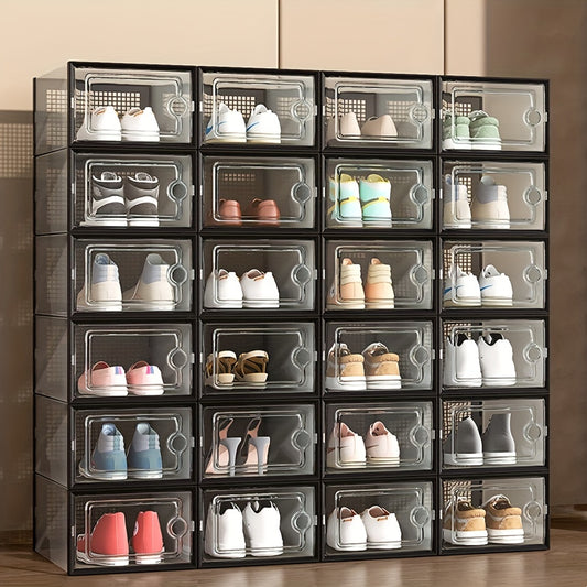 6/12pcs Transparent Foldable Stackable Shoe Boxes with Lid - Space Saving Storage Organizer for Entryway, Bedroom, Home - Plastic Sneaker Container for Ramadan Decor