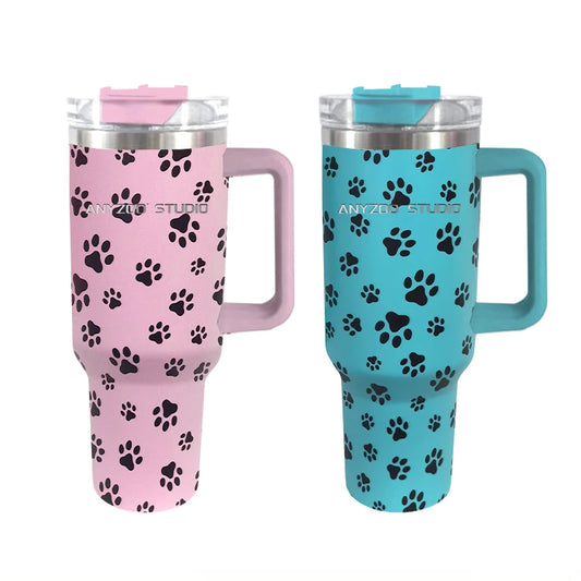 40oz Stainless Steel Tumbler with Handle - Insulated Thermos Coffee Cup for Travel, Car, Camping - Large Water Bottle with Cat Paw Print Design