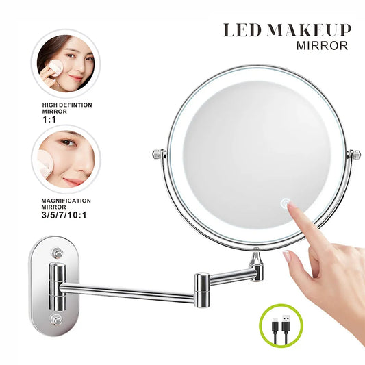 8 Inch Double-Sided USB Charging Makeup Mirror with 3x/5x/7x/10x Magnification, Chrome Finish, 3 Color Light Settings, Smart Cosmetic Mirror for Bathroom