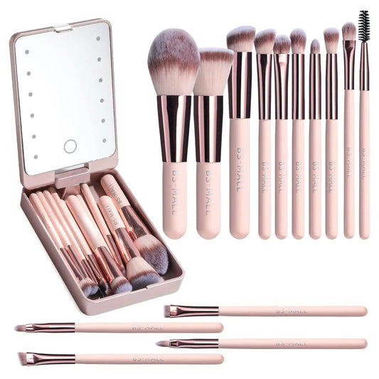 "14-Piece Travel Makeup Brush Set with LED Mirror, Ideal for Foundation, Powder, Concealers, Eye Shadows"