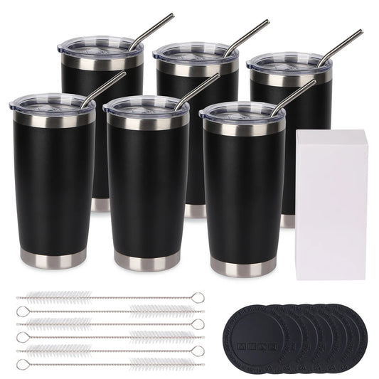6 Pack USA Warehouse - 20oz Vacuum Insulated Tumbler with Lid, Metal Straw and Double Wall, Powder Coated Coffee Mug